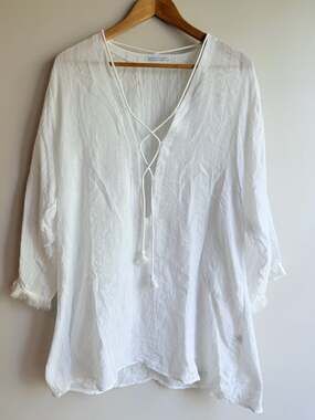 Robin Piccone Natalie Lace-Up Fringe Tunic Swim Cover-Up, White, Size L